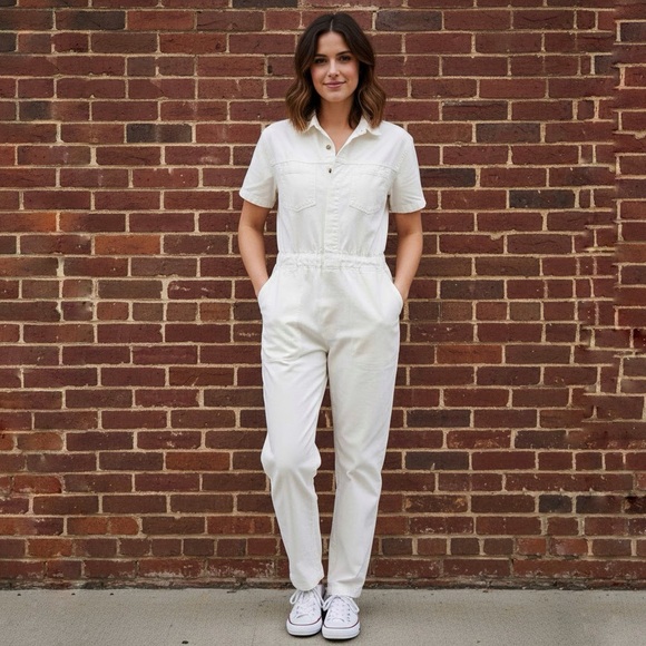 Vintage Pants - Vintage | For The Good‎ Times Tangerine | White Short Sleeve Cotton Jumpsuit M